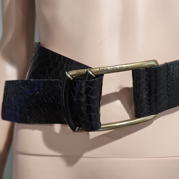 MICHAEL KORS Black Croc-Embossed Leather Wide Waist Belt Gold Buckle.S/M main image 5